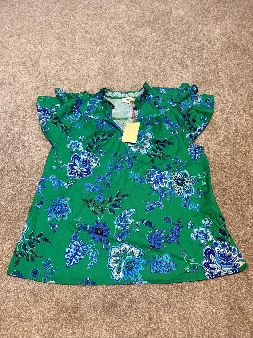 Entro Green Floral Flutter Sleeve Blouse - Picture 1 of 8